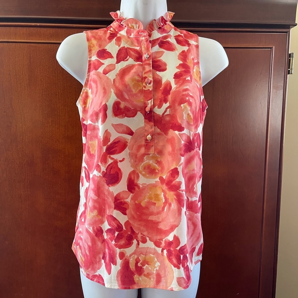 Ann Taylor loft floral ruffed trim blouse